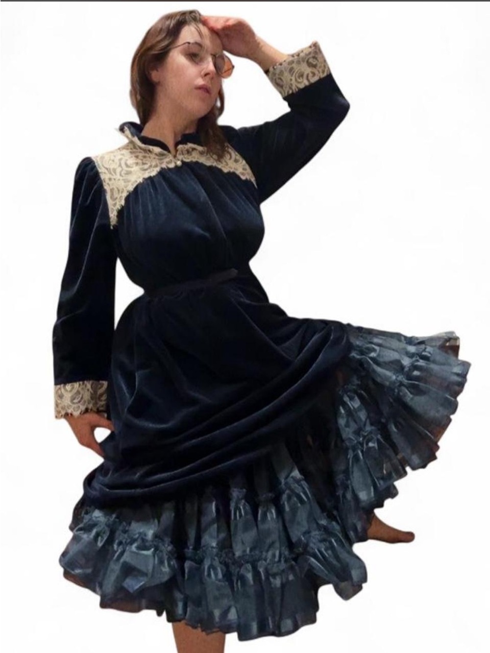 Deadstock 80s velvet nap dress with belt and petticoat